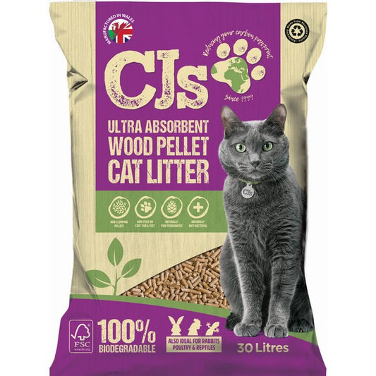 CJs Premium Cat Litter Ultra Absorbent Wood Pellets 30L